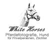 Zeichnung eines Pferdes mit Text: "White Horses, Pferdefotografie, Hund für Privatpersonen, Züchter".