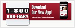 1-800 ASK GARY ad promoting app download on iOS and Android, with a smartphone image.