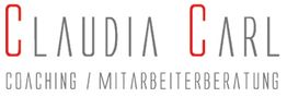 Textlogo: Claudia Carl Coaching / Mitarbeiterberatung in Grau und Rot.