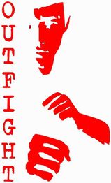 Roter Silhouetten-Kampfkünstler und das Wort "OUTFIGHT" vertikal, schwarz-weiß Hintergrund.