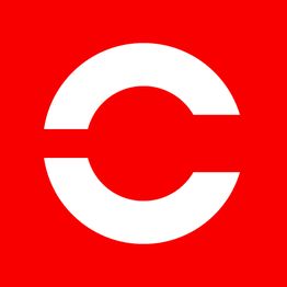Logotipo blanco de copyright en fondo rojo.