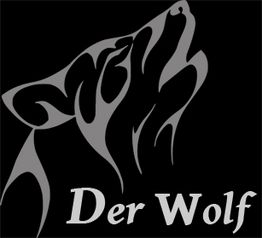 Graue Silhouette eines heulenden Wolfs auf schwarzem Hintergrund mit weißem Text "Der Wolf".