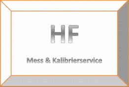 Text: "HF Mess & Kalibrierservice" in einem Rahmen mit orange-grauen Rändern.
