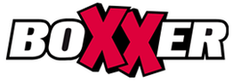Logo met de tekst "BOXER" in rood en wit, met twee grote rode 'X'-en.