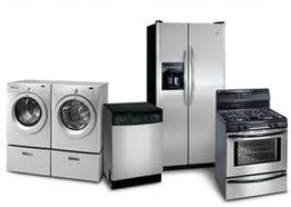 A variety of stainless steel home appliances: washer, dryer, dishwasher, fridge, and stove.