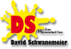 Gelbes Farbspritzer-Logo mit roten Buchstaben "DS" und Text "David Schwanemeier, Ihr Malermeister".