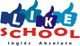 Logotipo com palavras "LIKE SCHOOL" e "Inglês Absoluto", usando ícones de curtir.
