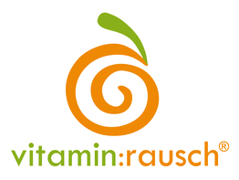 Logo mit oranger Spirale und grünem Blatt, darunter der Schriftzug "vitamin:rausch" in Grün und Orange.