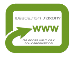 Grünes Logo mit Pfeil, Text "Webdesign Saxony, WWW, die ganze Welt des Onlinemarketings".