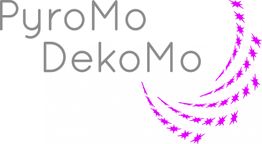 Text "PyroMo DekoMo" mit pinkfarbenen Sternformen im Halbkreis.