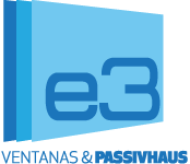 Logotipo de e3 Ventanas & Fachadas en tonos de azul.