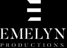 Logo of Emelyn Productions with white stripes and bold text on black background.