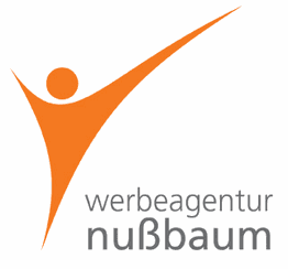 Orange Logofigur neben Text "werbeagentur nußbaum".