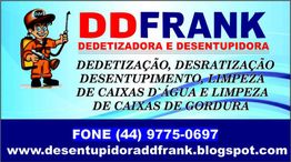 Cartão de visita da DDFrank com serviços de dedetização e desentupimento. Contato e website inclusos.