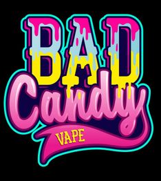 Bunter Schriftzug "BAD Candy VAPE" auf schwarzem Hintergrund, stilisiert und farbenfroh.