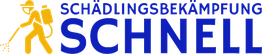 Gelbes Piktogramm eines Schädlingsbekämpfers, blauer Text: "SCHÄDLINGSBEKÄMPFUNG SCHNELL".