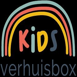 Logo met regenboog en tekst "Kids verhuisbox" in kleurrijke letters.