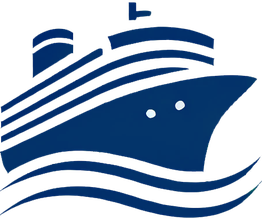 Icon eines blauen Schiffs mit Wellen darunter, stilisiertes Design.
