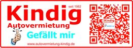 "Kindig Autovermietung seit 1982, QR-Code, Daumen hoch und Slogan 'Gefällt mir', Website-Link."