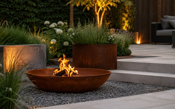 Eine Feuerschale aus Cortenstahl auf einem Kiesbeet in einem modernen Garten.