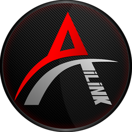 Logo stylisé avec un "A" rouge et du texte "AILINK" en gris sur fond noir texturé.