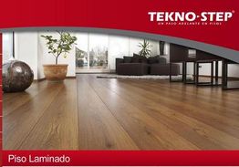 Habitación con piso laminado, sofás y plantas en interior moderno. Texto: "Tekno-Step".