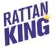 Rattan King-Logo in lila Schrift mit einer gelben Krone über dem Buchstaben "G".