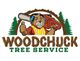 Cartoon beaver with chainsaw, "Woodchuck Tree Service" text, and green trees in background.