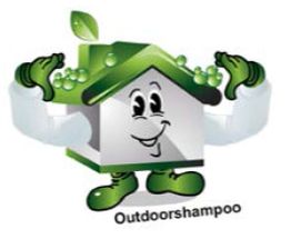 Ein lachendes Hausmaskottchen mit Blättern und Handschuhen und der Aufschrift "Outdoorshampoo".