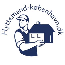 Flyttemand-logo med en mand, der holder et hus. Tekst: "Flyttemand-københavn.dk".