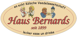 Logo von Haus Bernards: Schriftzug und Illustrationen von feiernden Menschen, Text auf Kölsch.