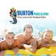 Family enjoying a pool with "Burton Pools & Spas" logo above.