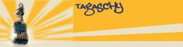 Frau in kreativem Kleid vor gelbem Hintergrund mit Strahlenmuster und Schriftzug "Tagaschwy".