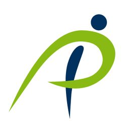 Grünes und blaues abstraktes Logo mit geschwungenen Linien auf weißem Hintergrund.