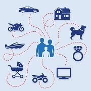 Family silhouette with icons of car, house, dog, jewelry, and more connected by dotted lines.
