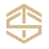Geometric gold logo with interlocking shapes resembling a stylized cube.