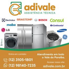Imagem publicitária da Adivale Assistência Técnica com contato e logos de marcas de eletrodomésticos.