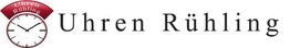Logo mit rotem Zifferblatt, sagt "Uhren Rühling". Elegant und schlicht gestaltet.