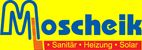 Logo von Moscheik in Blau und Gelb mit den Wörtern "Sanitär", "Heizung", "Solar" in Rot.