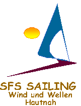 Segelboot-Logo mit gelber Sonne, Text: "SFS SAILING, Wind und Wellen Hautnah".