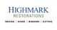 Highmark Restorations logo with services: Roofing, Siding, Windows, Gutters.