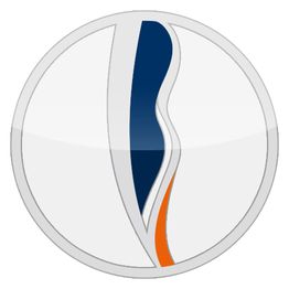 Logo tondo con linee blu e arancioni ondulate centrali, cornice grigia chiara.