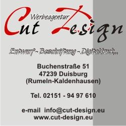 Visitenkarte für "Cut Design" mit Adresse, Telefonnummer, E-Mail und Website der Werbeagentur.