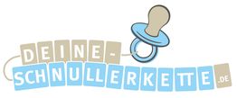 Illustration eines Schnullers mit Beschriftung "Deine-Schnullerkette.de" in Blau und Beige.