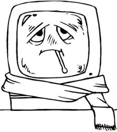 Ein krank aussehender Computerbildschirm mit Fieberthermometer und Schal.