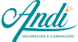 Logo de "Andi Decoración e Iluminación" en letras azules con un detalle de sol amarillo.
