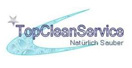 Logo von TopCleanService mit blauem Wirbel und Stern, Text: "Natürlich Sauber".