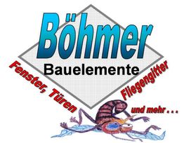 Logo der Firma Böhmer Bauelemente mit Text: Fenster, Türen, Fliegengitter und mehr.