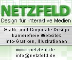 Grüner Text: NETZFELD, Design für interaktive Medien, mit Kontaktinfos und Dienstleistungen.
