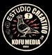 Logo circular con paloma, calaveras y texto: "Estudio Creativo Kofu Media NMRK".